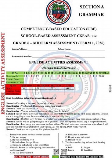 Grade 6 English Mid Term 1 2026 Exam