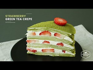 노오븐! 딸기 녹차 크레이프 케이크 만들기:Strawberry green tea(Matcha) crepe cake Recipe:イチゴ緑茶クレープケーキ-Cookingtree쿠킹트리