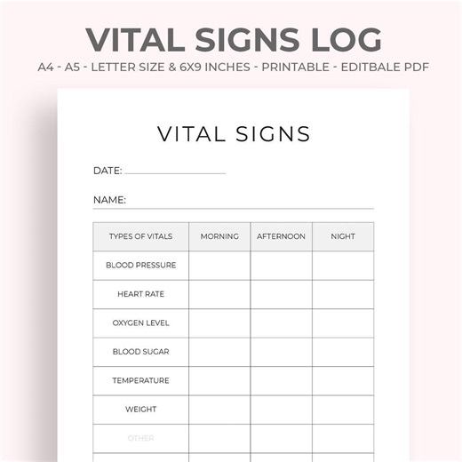 Printable Vital Signs Log | Nursing, Home Care (editable PDF) - Etsy