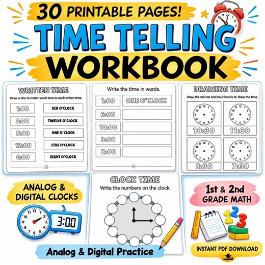 Time Telling Workbook | Analog Digital Clock Practice (PDF Download) - Etsy
