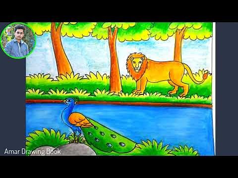 How to draw forest scenery step by step | forest scenery with animals easy