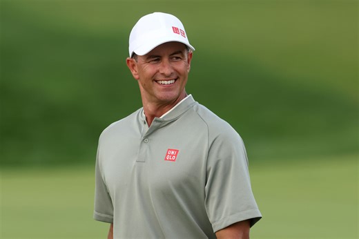 Adam Scott walks off flaunting his cap after successful third round outing at the 2025 US Open