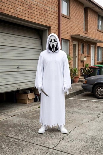 Ghostface Inspired White Hooded Robe Cosplay Costume – Horror Slasher Outfit Halloween Ghost Costume.