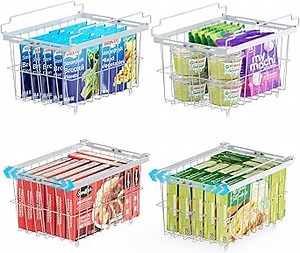 iSPECLE Freezer Organizer Bins - 4 Pack Adjustable Width for 5 to 7 Cu.Ft Chest Freezers, Stackable Wire Storage Baskets for Deep Freezer Organization, Assembly Required, White