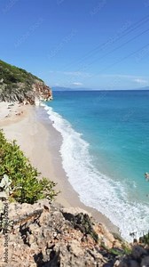 Gjipe Beach. Panoramic, aerial view from the gorge side. Clear waters of the Ionian Sea, a clean pebble beach, impressive canyon, best beach in Albania.