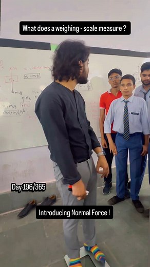 Mukul Rathi on Instagram: "Day 196/365 of sharing my teaching practises Topic : Introducing newtons law and normal force with weighing scale . Today I used a weighing scale to feel Newton’s laws in action. When I stood still on it, the scale showed my weight — that’s just the normal force balancing gravity. Net force? Zero. Newton’s First Law — checked ✅ But then I did a quick sit-up while standing on it — and the reading changed! Why? Because I was accelerating. The normal force changes because