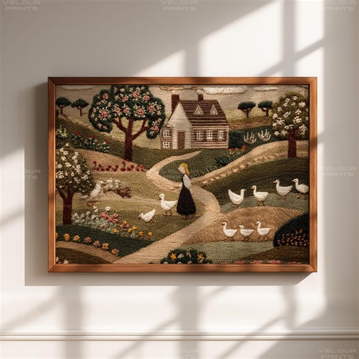 Primitive Goose Herding Scene Printable Art, Vintage Folk Countryside Illustration, Rustic Cottage Decor Inspired Textile Style