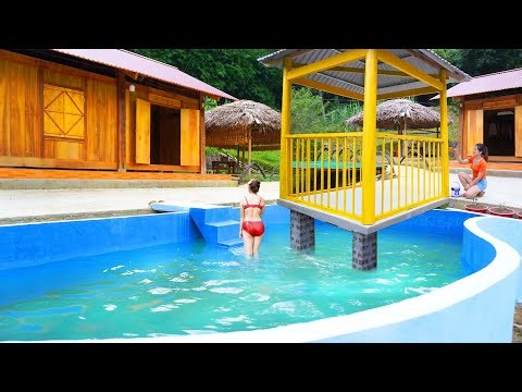 CEO Girl Leaves The City for The Forest - Build a Wooden Hut Next To The Swimming Pool