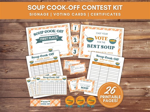 Soup Cook-Off Contest Kit, Soup Scorecards, Soup Competition Voting Ballot, Soup Cookoff Party, Printable Award Certificates, Sign Up Sheet