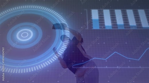 Pitch arcing causing HUD pulsing fielder leaping as bar chart, graph animating for sports analytics