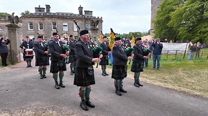 Members of the Gordon Highlanders Association Drums and Pipes, led by Drum Major Andy Curwen, march off playing their famous regimental tune 'Cock o' The North'. This was as they finished their display outside the Castle during the 2025 Gordon Castle Estate Highland Games and Country Fair, held on Sunday 18th May 2025 within the Estate at Fochabers in Moray, Scotland. #gordoncastle #highlandgames #marchingband #bagpipes | Scottish Highlands & Inverness