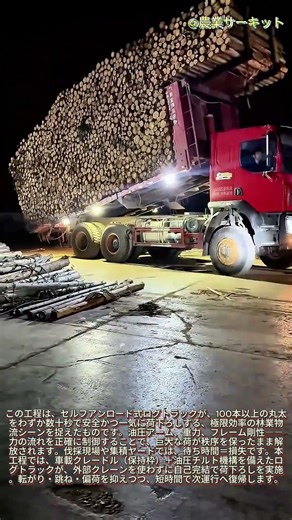 巨大な伐採トラックの活躍、極限の機械が稼働中：自動積み下ろし式伐採トラックが数秒で100本以上の丸太を積み降ろしする方法