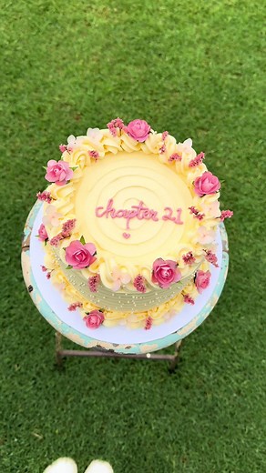 Butter Yellow and Pink Floral 21st Cake Decoration