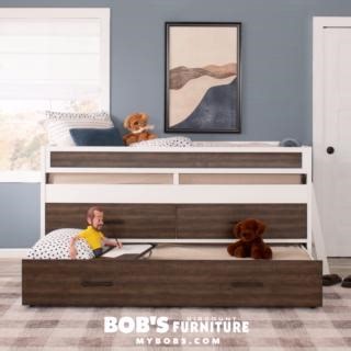 Send out the sleepover invites! 🙌 My Fusion kids' loft bed features an easy-to-use trundle and built-in toy storage! #BobsSleepSolutions https://mybobs.shop/46zDrID | Bob's Discount Furniture