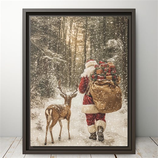 Vintage Santa and Reindeer Wall Art - Rustic Christmas Print for Holiday Decor, Winter Wonderland Artwork, Cozy Christmas Canvas Wall Decor - Etsy