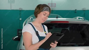 A young female mechanic signs documents for the inspection and repair of the car. The concept of women's equality and work in an auto repair shop.