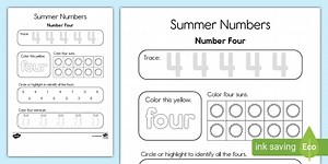 Summer Numbers: Number Four Math Worksheet