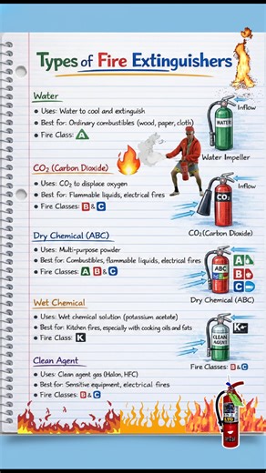 *Fire Extinguisher Types* 🔥💧 Know your fighters! 😊 - *Main types*: - *Water (A)*: wood, paper, cloth - *Foam (B)*: flammable liquids - *Dry Powder (A, B, C)*: multi-purpose - *CO2 (B, C)*: electrical, flammable liquids - *Clean Agent (B, C)*: electronics, sensitive areas - *Wet Chemical (K)*: cooking oils, fats Want to know which one to use for a specific fire? 🤔 #FireSafety #Extinguishers | Fire-fighting and Fire Alarm system