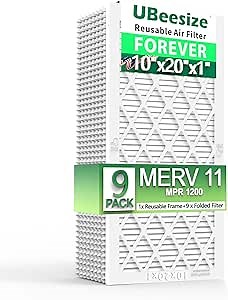 UBeesize Air Filter 10x20x1 (9-Pack), MERV 11 MPR 1200 AC/HVAC Furnace Filters,Deep Pleated Air Cleaner, (Actual Size 9.5" x 19.5" x 0.75"),1x Reusable ABS Frame+9 x Filter,Breathe Fresher