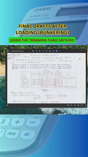 🟥SUBJECT: FINAL DRAFTS AFTER BUNKERING This is a sample computation using "TRIMMING TABLE" Method on finding the Final Drafts of a ship after Loading Weights, in this case after Bunkering. There are other methods on finding final drafts existing, Gents & Ladies. This is only an example. Given details ✅A. Initial Drafts 🔵Forward Draft = 12.70m 🔵Aft Draft = 12.80m ✅B. Ship in Saltwater density (1.025 t/m3) ✅C. Fuel Oil tanks to be filled 🔵No. 2 Fuel Oil Tank = 470mt 🔵No. 3 Fuel Oil Tank = 460