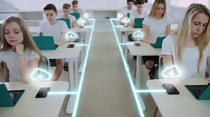 Visualization of Information. Digital Communication. In School Classroom Kids Students Studying by Computers. Technology Connecting Lines Flows into Global Network from Smartphones. Future Education.