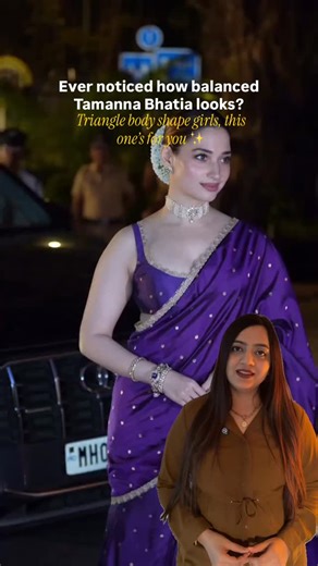 Tamanna Bhatia knows exactly how to dress for a triangle body shape - and it’s all about balance, not hiding. 💫 A-line dresses, flared kurtis, and wide-leg jeans skim over the hips without clinging. Off-shoulder tops, boat necks, and horizontal stripes add width to the shoulders and pull the focus upward. Light colours on top darker bottoms = instant proportion play. Ruffles, textures, and embellishments up top? Volume where it matters. And V-necks or wrap styles - hello longer torso & defined 