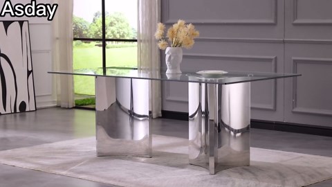 Asday 78" Glass Dining Table, Silver Dining Room Table with Double Pedestal Mirrored Stainless Steel Base, Large Modern Rectangular Kitchen Table for 6-8