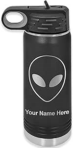LaserGram Personalized Water Bottle, Alien Head, Stainless Steel Double Wall Vacuum Insulated with Flip Top Straw, Custom Engraved Gift (20oz / 590ml Black)