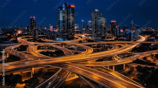 Aerial view of illuminated multilayer highway interchange with city skyline at night showcasing urban traffic and modern architecture