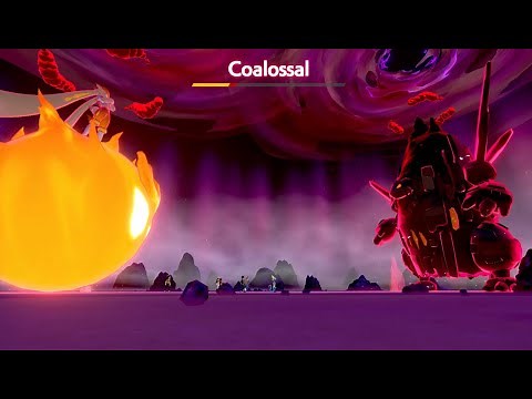 Gigantamax Coalossal and Gigantamax Cinderace battle in Pokemon sword and shield.