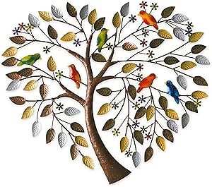 Metal Tree of Life Wall Decor, Colorful Birds on Branch Wall Art, Hand Painted Heart-Shaped Wall Art Sculptures, for Home Living Room Bedroom Decoration