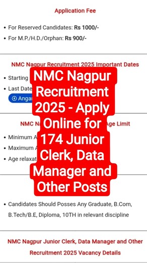 NMC Nagpur Recruitment 2025 - Apply Online for 174 Junior Clerk, Data Manager and Other Posts