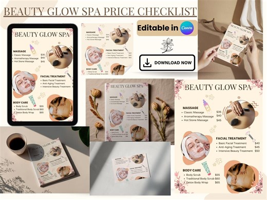 Beauty & Glow Spa Price List Template Canva | Editable Service Menu Checklist | Salon Spa Price Sheet | Instant Download - Etsy