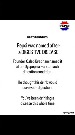 ‪@Pepsi‬ Named after a STOMACH DISEASE. Follow ‪@origynsz‬ for brand origins nobody talks about.