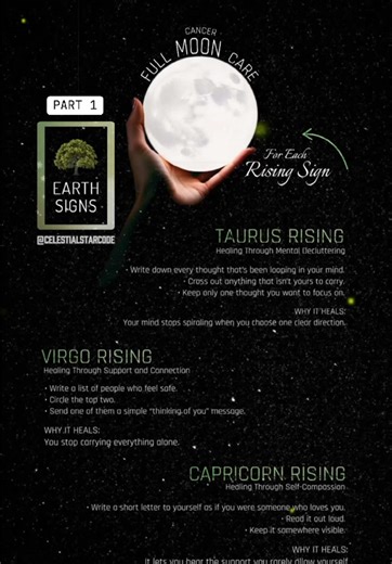 PART I : Self Care For Earth Signs During Cancer ♋️ Full Moon 🌿 GENERAL HEALING STEPS FOR ALL EARTH RISINGS 1. Slow down your pace Do one thing slowly today — eating, walking, cleaning, breathing. Slowing down helps your body release tension you didn’t realize you were holding. 2. Check in with your emotional needs Ask yourself: “What do I need to feel supported right now?” Write down the first answer that comes up. 3. Let someone support you Send a message to someone safe. Let them know you’re