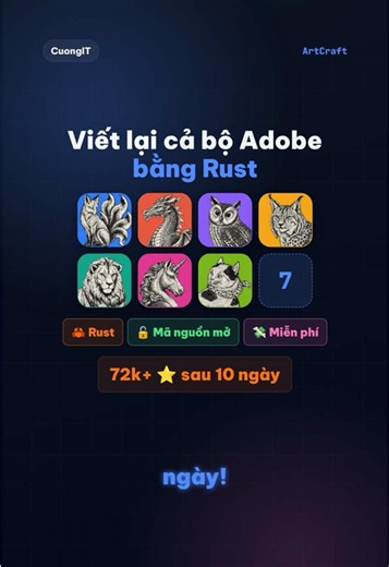 ArtCraft: 7 app mã nguồn mở viết từ đầu bằng Rust, thay cho Photoshop, Illustrator, Premiere, Lightroom, Acrobat, After Effects và InDesign. Hơn 72k sao GitHub sau 10 ngày, miễn phí, chạy trên Mac, Windows, Linux (đa số vẫn đang phát triển). #ArtCraft #Rust #opensource #thietke #cuongit