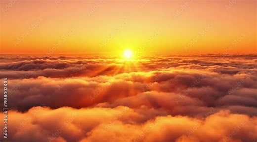 Warm sunrise breaking through fluffy clouds, casting golden rays across the sky.