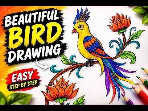 Beautiful Bird Drawing Step by Step 🐦 | Easy Color Sketch Tutorial for Beginners