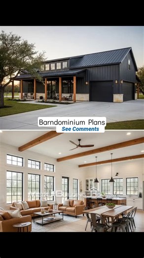 Metal Building Homes on Instagram: "Discover this beautiful black barndominium with open living space and cozy porch! ❤️"