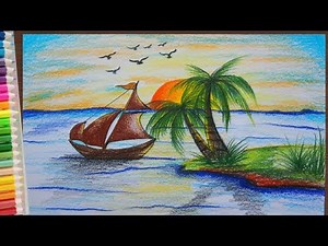 How to draw scenery sea | ภาพวาดวิวทิวทัศน์ทะเลสวยๆ
