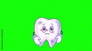 Animation of a tooth character with an expression of pain applying a band-aid on a green chroma key background