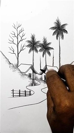 Natural Scenery Drawing | Easy Nature Landscape Drawing Tutorial | YouTube Shorts