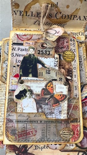 A Journal Page with Hidden Depth This reel presents the finished folderbooklet page from multiple angles. Aged papers form the base, layered with labels, stamps, and handwritten details. Two portrait images are embedded within the design, while a butterfly adds contrast in shape and tone. Stitching remains visible throughout, acting as both structure and visual line. Small inner slots hold tags that extend the page beyond its surface. All digital elements used are designed by @marlydesign and ar
