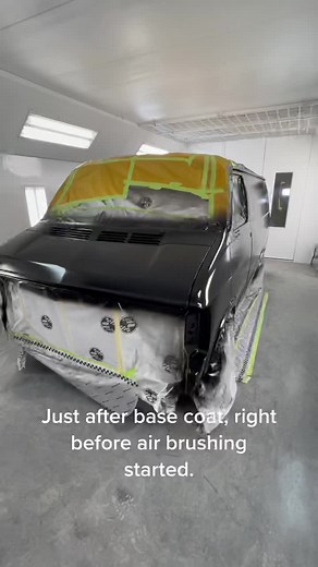 Roof done and masked off, base coat of black applied right before the air brushing of 15 colours and 6 candies and 4 coats of clear went on! #ticktock #airbrush #paint #custom #van #funny #work