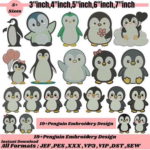 Cute Penguin Machine Embroidery Designs Mini Penguin Embroidery File Little Penguin Embroidery Files Baby Penguin PES File 5 sizes Downloads - Etsy