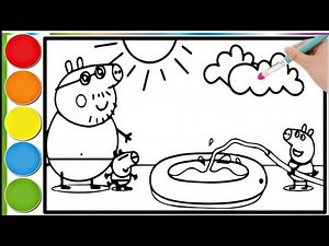Peppa Pig filling the pool with her dad and brother _ Learn to color a Peppa Pig cartoon pages