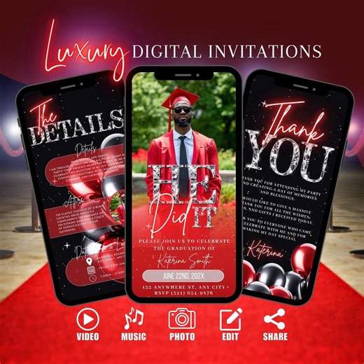 Digital He Did It Graduation Invitation, Red Class of 2026 Graduate Invite, Law Announcement Evite, Editable Mens Graduation Template - Etsy