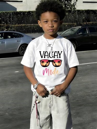 1pc Kids' Tropical Sunset Print White TShirt, Crew Neck, Casual Cotton Tee, Medium Stretch Knit Fabric, Regular Fit For Boys& Girls Children, Alphabet Pattern, For Spring/Summer/Fall Vacation | SHEIN