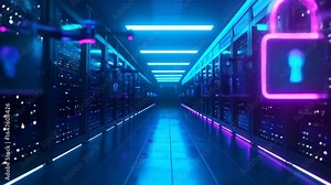 Cybersecurity Data Center with Server Racks and Padlocks Representing Encryption and Security
