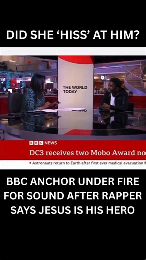 A BBC anchor is under fire for "hissing" at a rapper who said one of his heroes is Jesus Christ. The moment is going viral on social media after Christian rapper DC3, whose real name is Daniel Chenjerai, listed off Jesus alongside Santan Dave and Kendrick Lamar, adding "most of all, Jesus Christ." British journalist Geeta Guru-Murthy is getting backlash for what could've just been her sucking in air before she responded or thinking about what to say, but many online have accused her of being "de